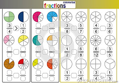 comparing fractions, use Less than or More than sign compare the fractions, math worksheet Stock Photo