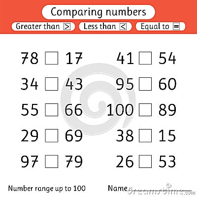 Comparing numbers. Less than, greater than, equal to. Number range up to 100. Elementary school. Worksheets for kids Vector Illustration