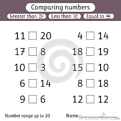 Comparing numbers. Less than, greater than, equal to. Number range up to 20. Worksheets for kids. Preschool, elementary school Vector Illustration