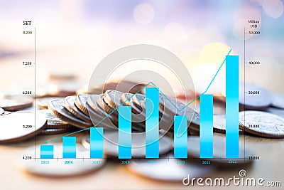 Comparison bar chart numeric data stock market with blur coin cash and bokeh background. plan investment income and saving money Stock Photo