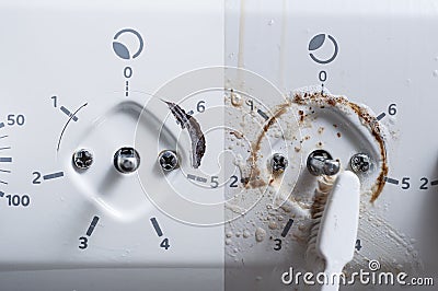 Comparison of clean and dirty front panel of an electric stove, maintenance of kitchen appliances Stock Photo