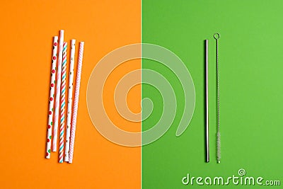 Comparison concept. Metal Straws Stainless Steel, Reusable Drinking Straw with Cleaning Brush vs Colorful Disposable Plastic Stock Photo