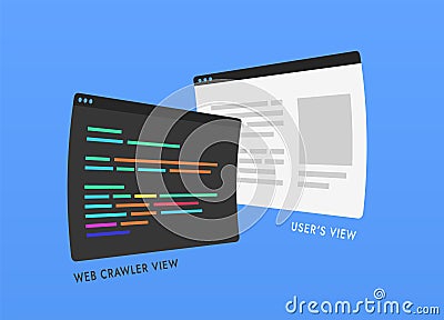 Comparison and difference in how search engine crawler spider bot and user sees web page. Crawler bot scans website as code, Cartoon Illustration