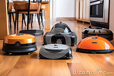 comparison of different robot vacuum models on a table Stock Photo