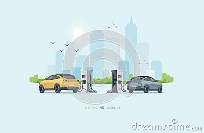 Comparison of an electric and gasoline diesel car. Charging an electric car at a charging stand against a gas station Vector Illustration