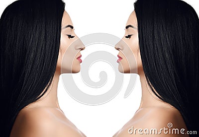 Comparison of female nose before and after plastic surgery isolated on white Stock Photo