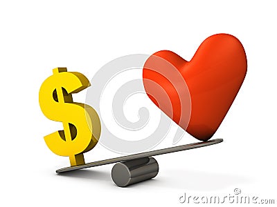 Comparison of the importance of the heart symbol and the dollar symbol. A concept that expresses money worship, which emphasizes Stock Photo