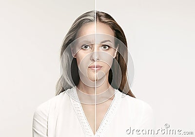 Comparison. Portrait of beautiful woman with problem and clean skin, aging and youth concept, beauty treatment Stock Photo