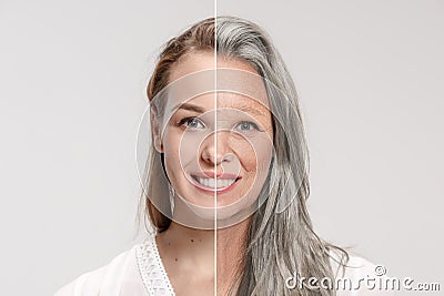 Comparison. Portrait of beautiful woman with problem and clean skin, aging and youth concept, beauty treatment Stock Photo
