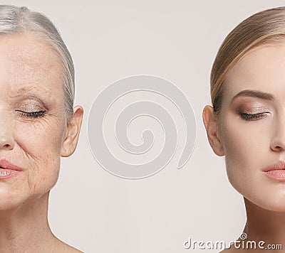 Comparison. Portrait of beautiful woman with problem and clean skin, aging and youth concept, beauty treatment Stock Photo