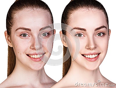 Comparison portrait of young woman Stock Photo