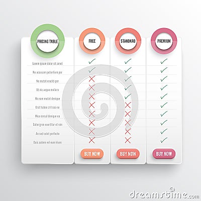 Comparison pricing list. Comparing price or product plan chart compare products business purchase discount hosting image grid. Vector Illustration