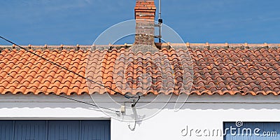 Comparison Roof cleaning moss and lichen before and after high pressure water cleaner tile Stock Photo