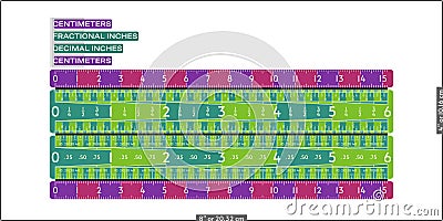 Comparison among rulers in fractional inches, decimal inches and Vector Illustration