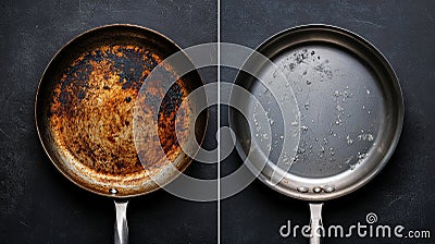 Comparison of a rusty frying pan and a freshly cleaned frying pan side by side showing the difference in condition Stock Photo
