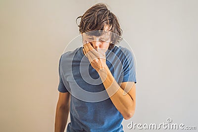 Comparison between wrong and right way to sneeze to prevent virus infection. Caucasian man sneezing, coughing into her Stock Photo