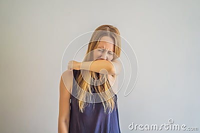 Comparison between wrong and right way to sneeze to prevent virus infection. Caucasian woman sneezing, coughing into her Stock Photo
