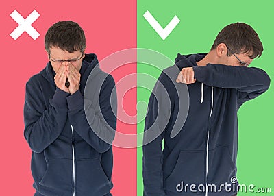 Comparison between wrong and right way to sneeze to prevent virus infection Stock Photo
