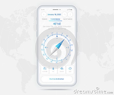 Compass app UI UX GUI concept, Map GPS app on screen smartphone navigation, Phone weather, application compass for navigator ui Vector Illustration
