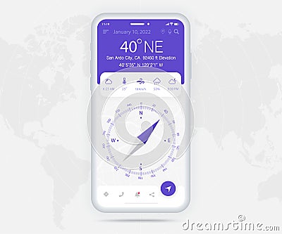 Compass app UI UX GUI concept, Map GPS app on screen smartphone navigation, Phone weather, application compass for navigator ui Vector Illustration