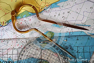 Compass course calculation, navigation, sea chart. Direction in meridians and parallels. Nautical chart and compass. Stock Photo