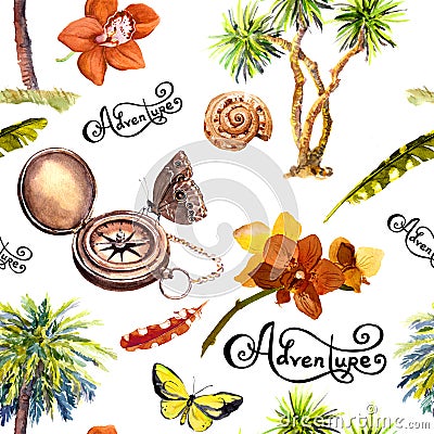 Compass, flowers, seashells, feathers. Travel concept. Seamless pattern. Watercolor Stock Photo