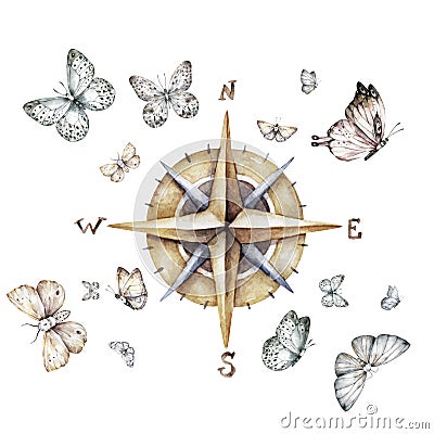 Compass and flying butterflies watercolor illustration. Symbols, freedom, directions Cartoon Illustration