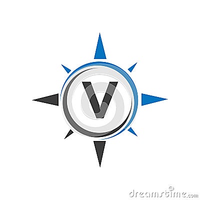 Compass Logo Design On Letter V Concept. Letter V Compass Adventure Logo Sign Vector Template Vector Illustration