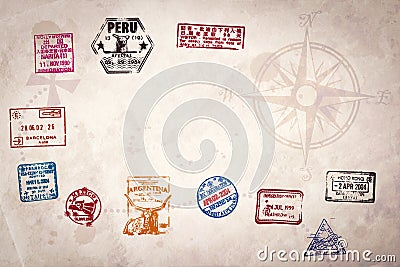 Compass map with many visa stamps Editorial Stock Photo