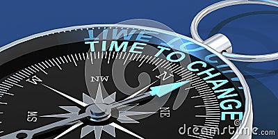 Compass needle pointing to word time to change Stock Photo