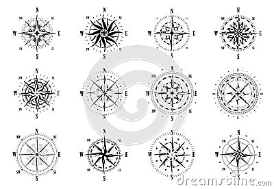 Compass old icons. Vintage nautical wind roses and navigation cartography symbol. Vector travel and direction icon set Vector Illustration