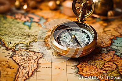 Compass on the old map. Vintage style. Selective focus, Magnetic compass on world map.Travel, geography, navigation, tourism and Stock Photo