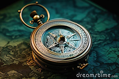 Compass on old map. Vintage style toned picture. Selective focus, A retro compass that looks like it belongs to a pirate, AI Stock Photo