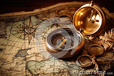 Compass and old map on wooden background. Vintage style toned picture, Vintage map, compass and old book on old map background, AI Stock Photo