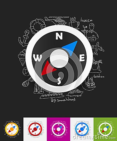 Compass paper sticker with hand drawn elements Vector Illustration