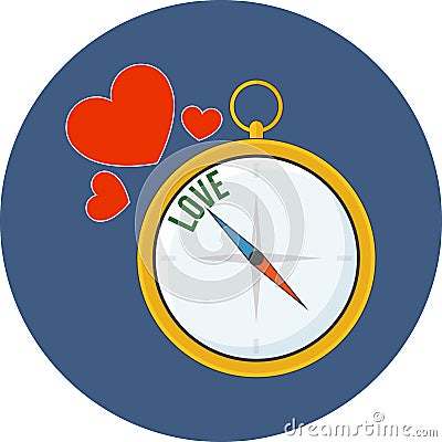 Compass points to love. Flat design. Vector Illustration