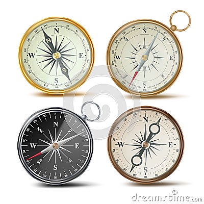 Compass Set Vector. Different Colored Compasses. Navigation Realistic Object Sign. Retro Style. Wind Rose. Isolated On Vector Illustration