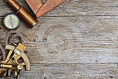 Compass,sextant and spyglass on the timber Stock Photo