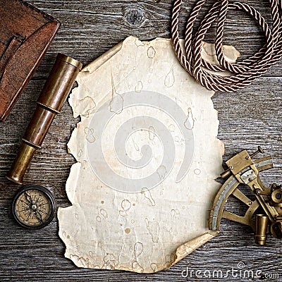 Compass,sextant and spyglass on the timber Stock Photo