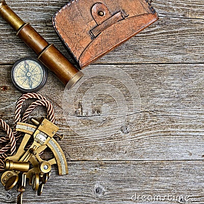 Compass,sextant and spyglass on the timber Stock Photo
