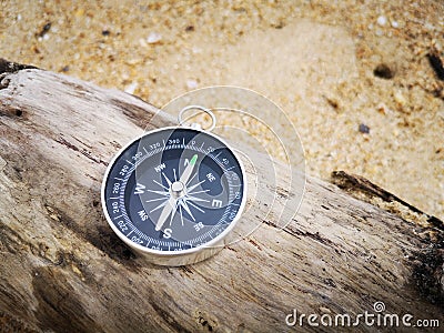 A compass showing the direction point to north on an old tree that washed up during the low tide., Stock Photo