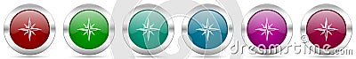 Compass silver metallic vector icon set, round glossy buttons with chrome border for web design Vector Illustration