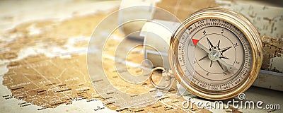 Compass on vintage old map. Travel geography navigation and adventure concept background Cartoon Illustration