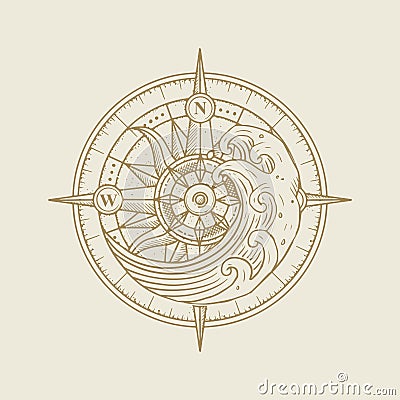 Compass and waves in high tide, spiritual guidance tarot reader Colorful gradient design. illustration Vector Illustration