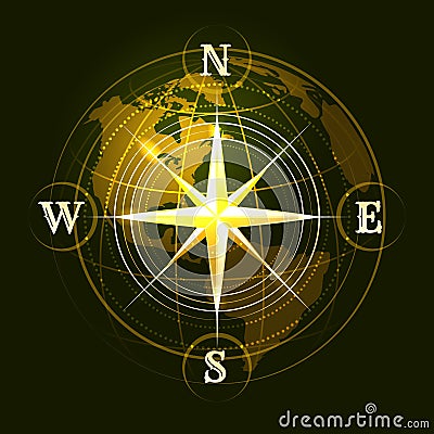 Compass Wind Rose and Globe Navigation Emblem Cartoon Illustration