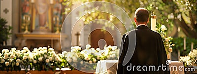 A compassionate female priest leads a solemn funeral service, offering solace and support Stock Photo