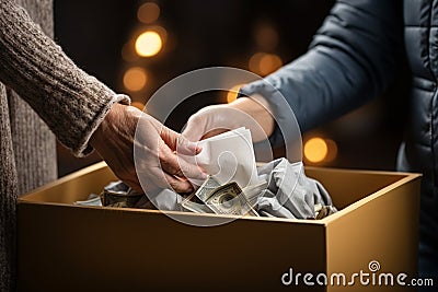 Close-up Of Person's Hand Putting Money Into Box Ai generative Stock Photo