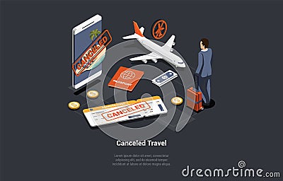 Compensation for Ticket Price, Getting Refund For Cancelled Flight. Confused Passenger Man Wait For Information Near Big Vector Illustration