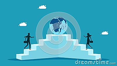 compete in the global economy. Businessmen walk up the stairs to conquer the world Vector Illustration