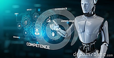 Competence Developing Skills and Expertise Illustrated with a Robot Pressing a Button on a Virtual Screen. 3D render Stock Photo